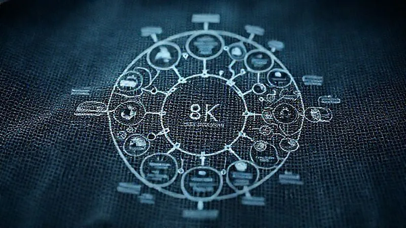 A photorealistic intricate diagram showing the interconnected stages of a textile product's lifecycle, from raw material to end-of-life, with nodes representing environmental and social impacts, professional photography, 8K, cinematic lighting, sharp focus, depth of field, shot on a high-end DSLR.