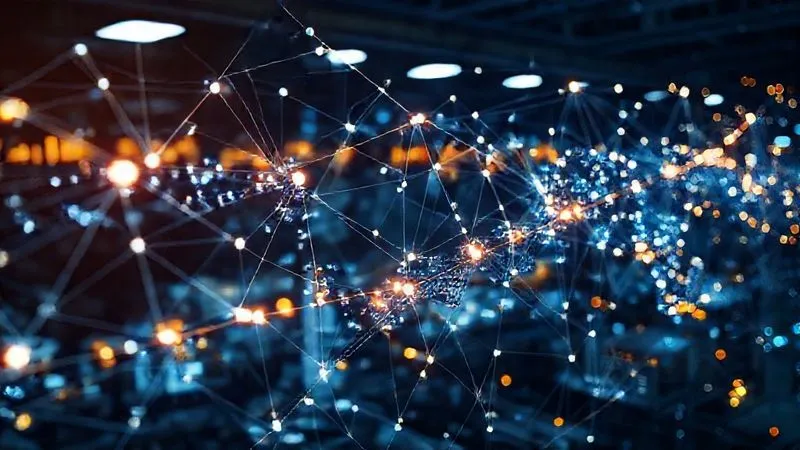 A photorealistic image showing a complex, illuminated supply chain network with digital nodes and data flowing between textile factories and material sources, symbolizing transparency and traceability, professional photography, 8K, cinematic lighting, sharp focus, depth of field, shot on a high-end DSLR.