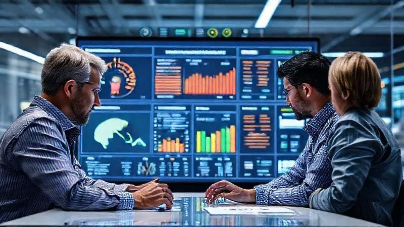 A photorealistic image of a team of textile industry professionals collaborating around a large digital dashboard displaying sustainability metrics and supply chain data, indicating a robust internal verification protocol, professional photography, 8K, cinematic lighting, sharp focus, depth of field, shot on a high-end DSLR.