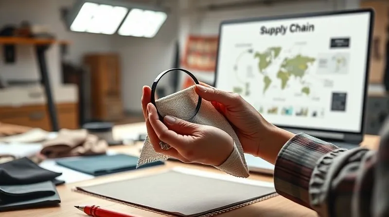 A photorealistic, professional photography, 8K, cinematic lighting, sharp focus, depth of field, shot on a high-end DSLR. A designer's hands are meticulously examining a fabric swatch under bright studio lights, with a magnifying glass. On a workbench in the background, there are various material samples and a laptop displaying a complex supply chain diagram, symbolizing transparency and material lifecycle analysis.