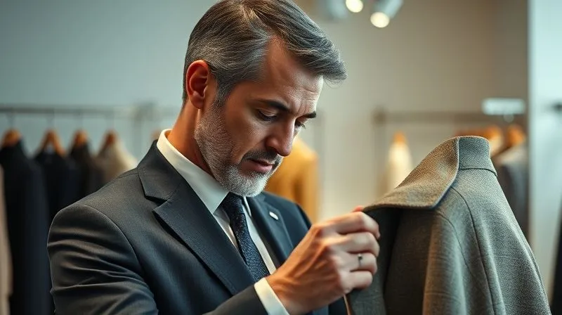A photorealistic, professional photography, 8K, cinematic lighting, sharp focus, depth of field, shot on a high-end DSLR. A discerning individual, elegantly dressed, is carefully inspecting the stitching and finish of a luxurious eco-chic garment in a minimalist, well-lit boutique. Their expression is thoughtful and analytical, embodying the 'expert eye' for quality and sustainability.