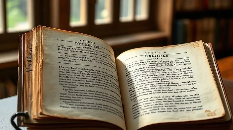 A photorealistic shot of an open, aged 18th-century dye recipe book, its intricate handwritten text and small, faded fabric swatches visible, illuminated by soft, natural light filtering through a library window. Professional photography, 8K, cinematic lighting, sharp focus on the book, depth of field, shot on a high-end DSLR.
