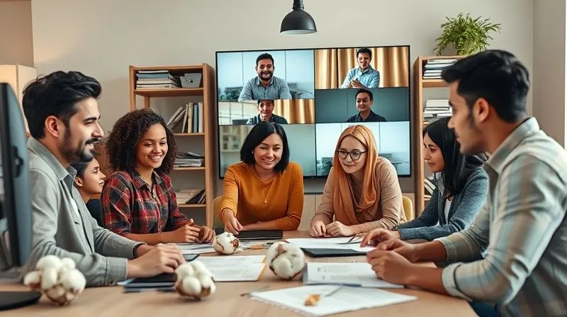 A diverse group of textile professionals from different countries engaged in a video conference call, looking focused and collaborative, with organic cotton swatches and documents visible on their desks. Photorealistic, professional photography, 8K, cinematic lighting, sharp focus, depth of field, shot on a high-end DSLR, emotionally resonant.