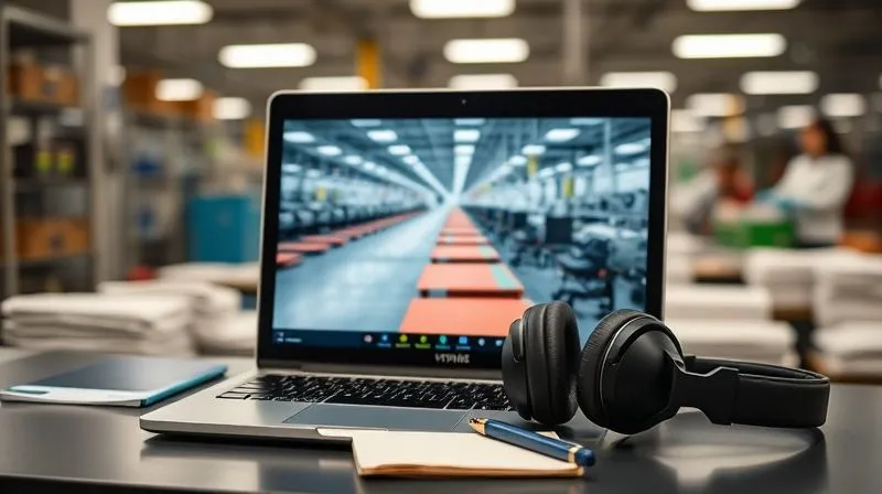 A laptop screen displaying a live video call of a textile factory floor, with a virtual tour in progress. The laptop is placed on a desk with a pair of professional headphones and a notepad, suggesting a remote audit. Photorealistic, professional photography, 8K, cinematic lighting, sharp focus, depth of field, shot on a high-end DSLR, emotionally resonant.