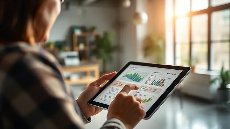 A photorealistic, professional photography, 8K, cinematic lighting, sharp focus, depth of field, shot on a high-end DSLR of a person reading a detailed, aesthetically pleasing sustainability report on a tablet, with a backdrop of a modern, eco-friendly office space filled with natural light and minimalist design, conveying a sense of informed research and corporate responsibility.