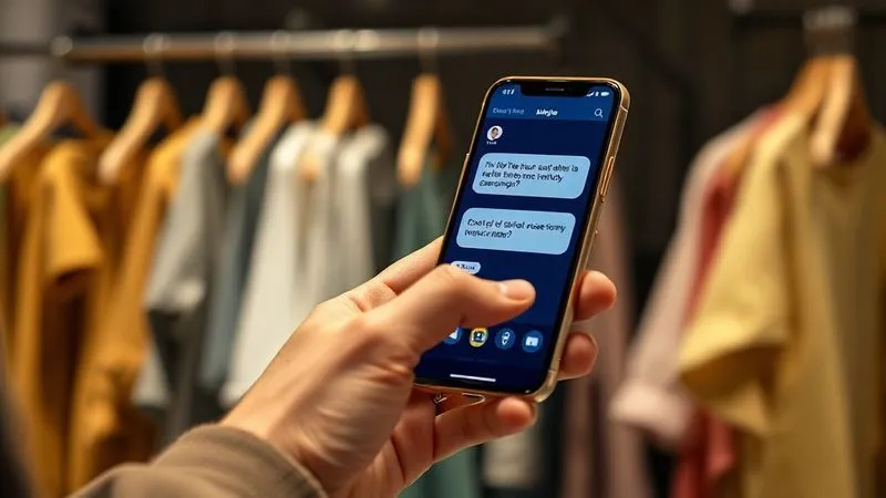 A photorealistic, professional photography, 8K, cinematic lighting, sharp focus, depth of field, shot on a high-end DSLR of a person holding a smartphone, actively typing a question into a brand's social media direct message interface, with a subtly blurred background of sustainable clothing racks, conveying the act of direct consumer inquiry and engagement.