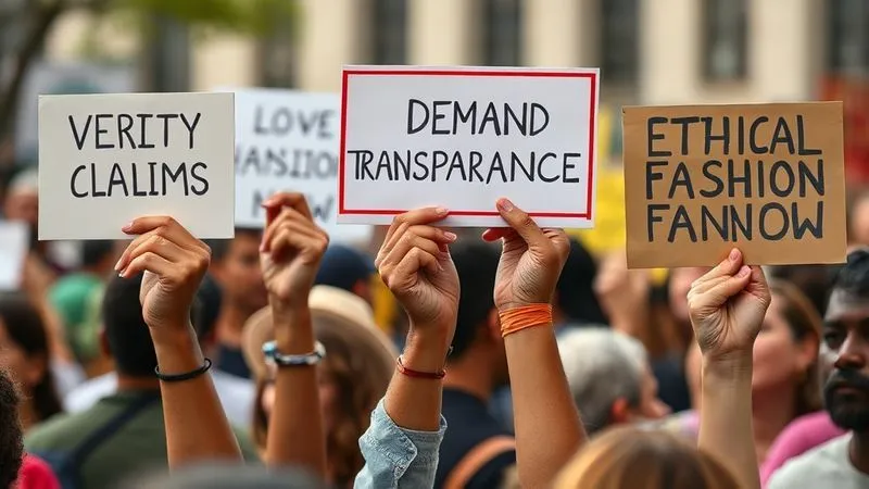 A photorealistic, professional photography, 8K, cinematic lighting, sharp focus, depth of field, shot on a high-end DSLR of diverse hands (representing different ages and ethnicities) holding up placards with clear, concise messages like 'Verify Claims,' 'Demand Transparency,' and 'Ethical Fashion Now,' against a softly blurred backdrop of a peaceful protest or community gathering, conveying a powerful sense of collective advocacy and unity.