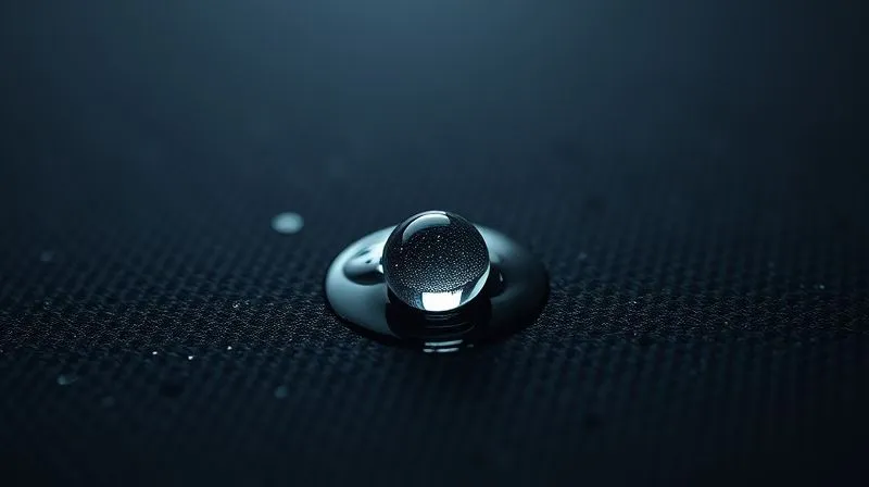 A photorealistic, professional photography, 8K, cinematic lighting, sharp focus, depth of field, shot on a high-end DSLR, showing a single, perfectly spherical water droplet beading on the surface of a dark, woven fabric, with reflections of a clean lab setting. The fabric appears pristine and dry around the droplet.