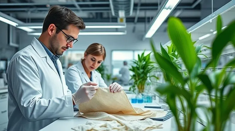 A photorealistic, professional photography, 8K, cinematic lighting, sharp focus, depth of field, shot on a high-end DSLR, showing a clean, modern textile laboratory with researchers in white coats examining fabric samples under controlled conditions, with green plants subtly integrated into the background, symbolizing sustainable innovation. The atmosphere is one of rigorous, ethical science.