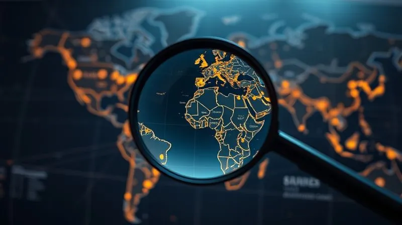 A photorealistic, professional photography, 8K, cinematic lighting, sharp focus, depth of field shot of a magnifying glass hovering over a world map, with intricate, glowing lines connecting various textile production hubs, symbolizing the complex and interconnected global supply chain for activewear. The map should be slightly blurred, with the focus on the detailed network.