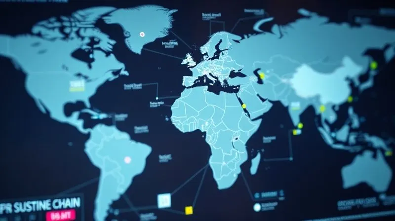 A photorealistic, professional photography, 8K, cinematic lighting, sharp focus, depth of field shot of a digital interface displaying a complex, interconnected supply chain map. Nodes representing factories and material sources are highlighted with data points, and a cursor is pointing to a specific facility, emphasizing transparency and traceability in sustainable activewear. The screen should have a subtle glow.