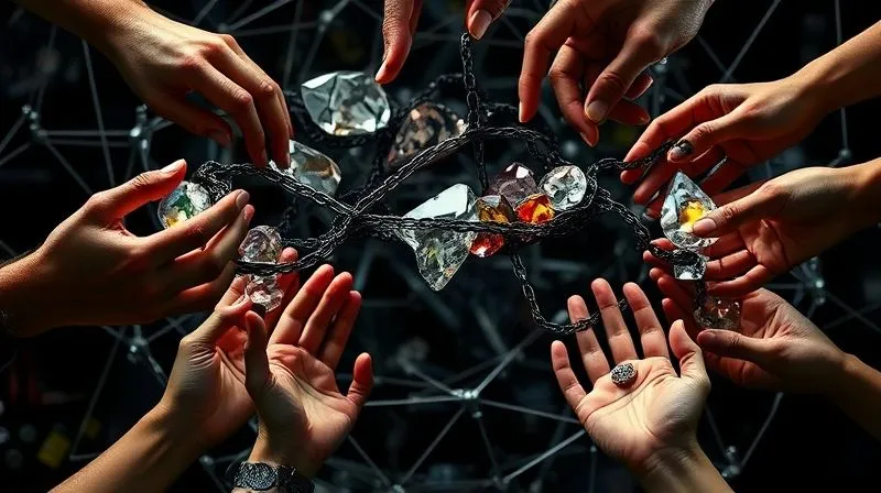 A photorealistic image depicting a complex, intertwined supply chain for jewelry materials, with various hands representing different stages (mining, cutting, polishing, design), some hands are transparent or obscured, symbolizing lack of transparency. Cinematic lighting, sharp focus, 8K hyper-detailed, professional photography.