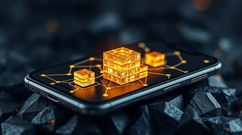 A photorealistic image of a sleek, modern smartphone displaying a blockchain interface with interconnected blocks, superimposed over a detailed image of a diamond or a gold nugget. Glowing lines connect the digital elements to the physical material. Cinematic lighting, sharp focus, 8K hyper-detailed, professional photography.