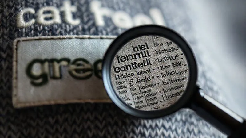 A photorealistic close-up of a textile label with vague, eco-friendly buzzwords like "natural" and "green" blurred in the background, while a magnifying glass reveals a tiny, complex, and less appealing material composition list. Cinematic lighting, sharp focus on the textile and magnifying glass, depth of field, 8K, shot on a high-end DSLR.