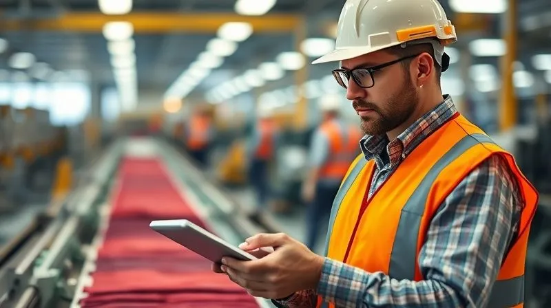A photorealistic image of a professional auditor, wearing a safety vest and hard hat, carefully observing a textile production line. The auditor is holding a tablet, making notes, with sharp focus on their attentive expression. The factory background is softly blurred but shows active machinery and workers, cinematic lighting highlighting the precision of the inspection.