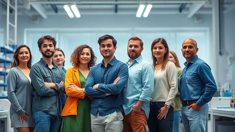 A professional photorealistic image of a diverse group of textile industry professionals, including designers, scientists, and business leaders, standing together in a modern, light-filled textile innovation lab. They are looking confidently towards a bright future, symbolizing collaboration, integrity, and progress in sustainable textiles. 8K, cinematic lighting, sharp focus on the group, depth of field, shot on a high-end DSLR, conveying hope and collective effort. The image should be inspiring and forward-looking.