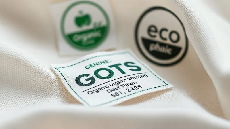 A photorealistic, highly detailed close-up of a genuine Global Organic Textile Standard (GOTS) certification label on a swatch of organic cotton fabric, with other blurred, less distinct 'eco' labels in the background, professional photography, 8K, cinematic lighting, sharp focus, depth of field.