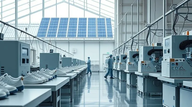 A photorealistic, professional photography, 8K, cinematic lighting, sharp focus, depth of field, shot on a high-end DSLR. A modern, clean shoe factory floor with visible solar panels on the roof through a large window, workers in clean uniforms, and efficient, well-maintained machinery, symbolizing sustainable manufacturing.