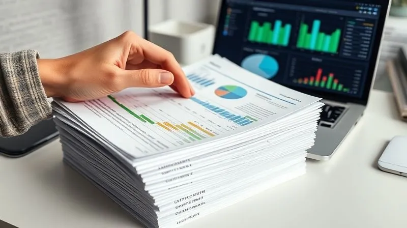 A photorealistic image of a hand sifting through a stack of neatly organized sustainability audit reports, material data sheets, and environmental certificates on a minimalist desk, with a laptop displaying a complex data dashboard in the background, professional photography, 8K, cinematic lighting, sharp focus, depth of field.