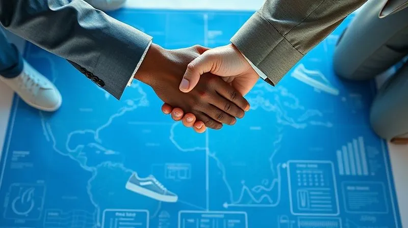 A photorealistic, professional photography, 8K, cinematic lighting, sharp focus, depth of field, shot on a high-end DSLR. Two diverse business people shaking hands firmly over a blueprint adorned with subtle eco-symbols and shoe designs, symbolizing a strong, sustainable partnership and shared vision, with a bright, forward-looking background.