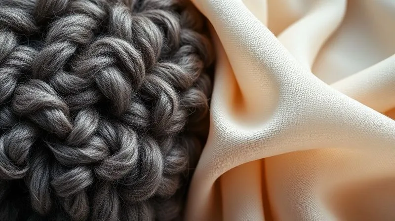 A close-up, photorealistic professional photograph of two contrasting fabric swatches side-by-side: one a coarse, dark, heavy wool with visible imperfections, the other a luminous, flowing, light-colored silk with a subtle sheen. Cinematic lighting, sharp focus on the textures, depth of field blurring the background slightly, 8K hyper-detailed, shot on a high-end DSLR.