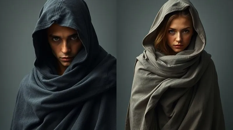 A photorealistic professional photography shot depicting a character in two stages: first, heavily cloaked and layered with muted, dark fabrics, face partially obscured. Second, the same character having shed the outermost layer, revealing a lighter, more flowing garment beneath, with a more open and vulnerable posture. Cinematic lighting, sharp focus, depth of field, 8K hyper-detailed, shot on a high-end DSLR.