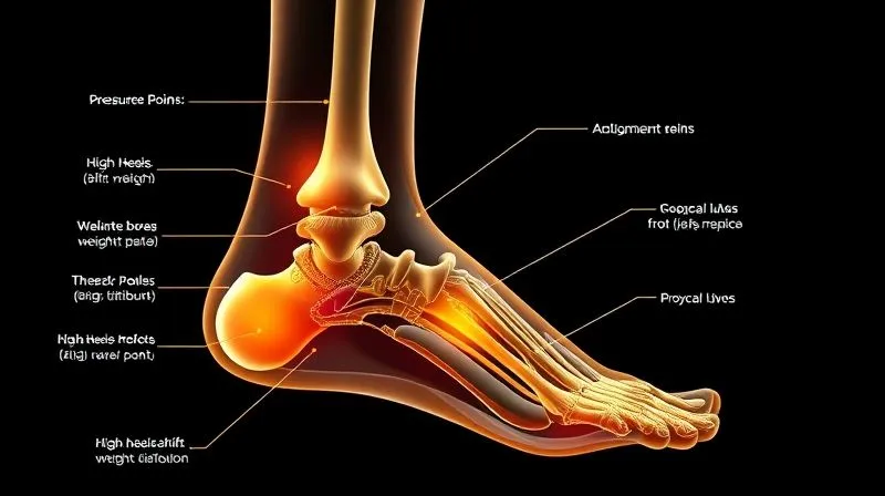 A photorealistic, detailed anatomical diagram of a human foot, highlighting bones, ligaments, and pressure points, with subtle overlays showing how high heels shift weight distribution. Professional medical illustration style, 8K, sharp focus.