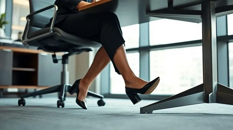 A photorealistic, candid shot of a professional woman in a modern, elegant office environment, discreetly performing a gentle foot and calf stretch under her desk. She is wearing stylish business attire, and the focus is on her feet and lower legs, showing subtle movement. Cinematic lighting, sharp focus, depth of field. 8K, professional photography, shot on a high-end DSLR, conveying quiet relief.