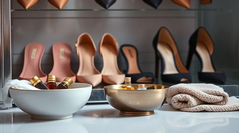 A photorealistic still life image of a beautifully organized shoe rack featuring a curated selection of designer heels in various styles and colors, suggesting a well-maintained collection. Next to it, a small, elegant foot spa bowl with essential oils and a plush towel, conveying a sense of luxury and self-care. Cinematic lighting, sharp focus on the details, depth of field. 8K, professional photography, shot on a high-end DSLR.