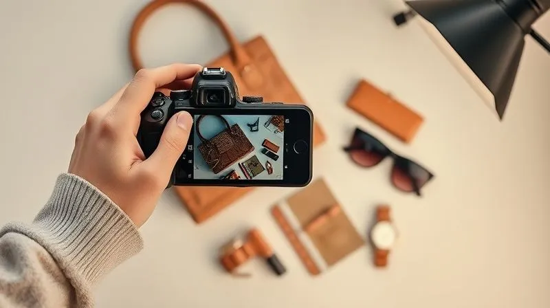 A photorealistic, professional photography, 8K, cinematic lighting, sharp focus, depth of field, shot on a high-end DSLR, of a fashion blogger taking a flat lay photo of carefully curated accessories (a handbag, sunglasses, a watch) on a stylish background, with a softbox light setup and a modern DSLR camera visible. The scene evokes meticulous attention to visual detail and branding.