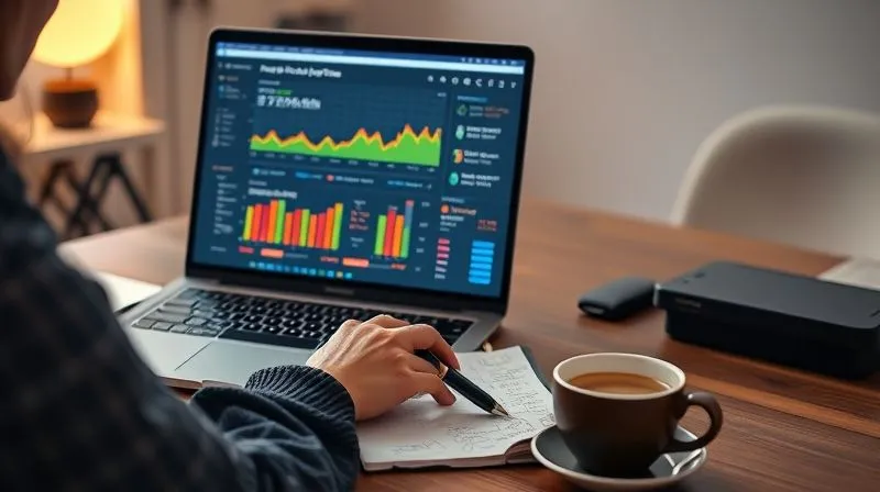 A photorealistic, professional photography, 8K, cinematic lighting, sharp focus, depth of field, shot on a high-end DSLR, of a fashion blogger intently studying a laptop screen displaying a complex analytics dashboard with colorful graphs and charts showing website traffic, affiliate link clicks, and conversion rates. A notepad with handwritten insights and a coffee cup are on the desk, suggesting deep analysis.