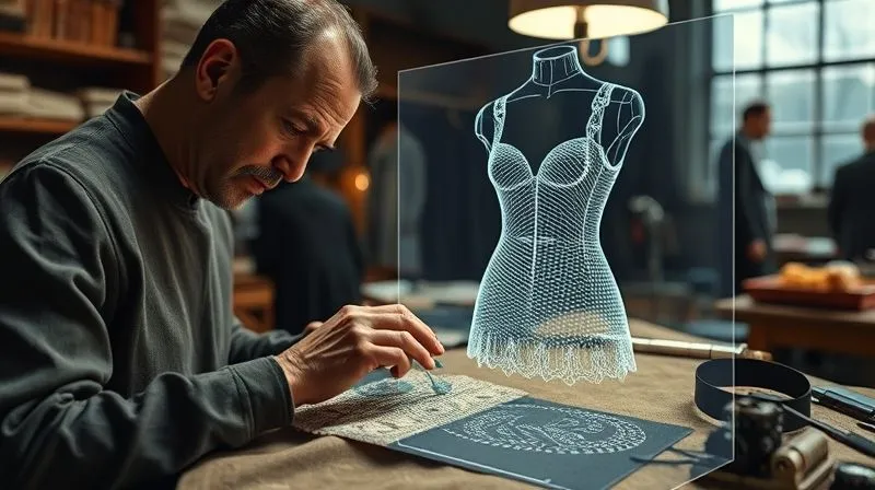 A photorealistic image of a haute couture atelier, where a skilled artisan is meticulously hand-embroidering a garment, but in the background, a transparent holographic display shows a 3D rendering of the same garment, being manipulated and analyzed digitally. Cinematic lighting, sharp focus on the artisan's hands and the digital overlay, depth of field blurring the rest of the traditional atelier. 8K hyper-detailed, professional photography, shot on a high-end DSLR.