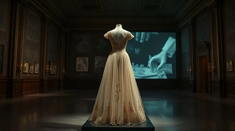 A photorealistic image of a vintage haute couture gown displayed in a grand, dimly lit museum hall, with subtle augmented reality projections of historical sketches and the designer's hands appearing on the wall behind it, telling its creation story. Cinematic lighting, sharp focus on the gown and the ethereal projections, depth of field blurring the ornate architecture. 8K hyper-detailed, professional photography, shot on a high-end DSLR.
