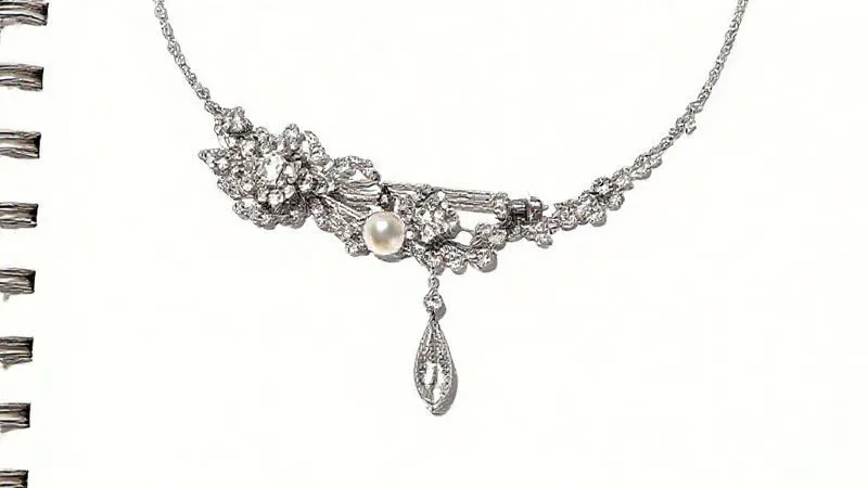 A highly detailed design sketch showing a Belle Époque diamond and pearl brooch being seamlessly integrated into a sleek, modern platinum and diamond necklace. The sketch highlights the convertible mechanism and the harmonious blend of old and new aesthetics. Photorealistic, professional photography, 8K, cinematic lighting, sharp focus, depth of field, shot on a high-end DSLR.