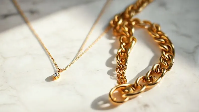 A photorealistic, professional photography, 8K, cinematic lighting, sharp focus, depth of field. On a minimalist white marble surface, a delicate 'quiet luxury' gold necklace with a tiny diamond pendant lies next to a bold, vintage-inspired chunky gold chain with intricate engravings. The lighting emphasizes the contrast in styles, showcasing both understated elegance and expressive nostalgia. Shot on a high-end DSLR.