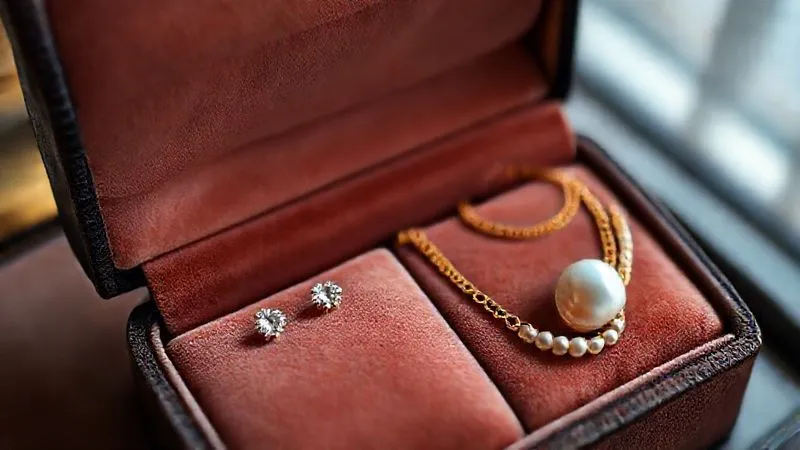 A photorealistic, professional photography, 8K, cinematic lighting, sharp focus, depth of field. An open, luxurious velvet-lined jewelry box containing a meticulously curated collection. On one side, classic pieces like diamond studs and a delicate gold chain are neatly arranged. On the other, a few carefully chosen trendy items like a chunky pearl ring and a layered chain necklace are integrated, showcasing a balanced and personal collection. Shot on a high-end DSLR.