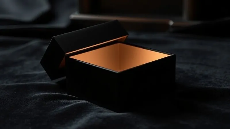A photorealistic, professional photography, 8K image of a beautifully designed, sleek black luxury box, partially open to reveal a soft, glowing light emanating from within, hinting at a precious item. The box rests on a rich, dark velvet surface. Cinematic lighting creates dramatic shadows and highlights, emphasizing the texture and mystery. Sharp focus on the box and its interior glow, depth of field blurring the surrounding opulent environment. Shot on a high-end DSLR, conveying a sense of anticipation and refined elegance during an unboxing experience.