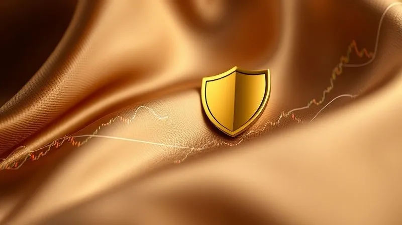 A photorealistic, professional photography, 8K image of a complex financial graph overlayed on a luxurious, textured backdrop, possibly silk or fine leather. The graph shows both ascending and subtly descending lines, representing market fluctuations, with a golden shield icon strategically placed over a specific point, symbolizing brand protection. Cinematic lighting emphasizes the data points and the luxurious textures. Sharp focus on the graph and shield, depth of field blurring the background. Shot on a high-end DSLR, conveying strategic financial management and brand safeguarding.