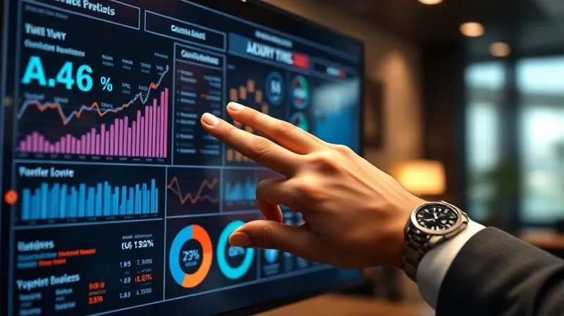 A photorealistic, professional photography, 8K image of a sophisticated data visualization dashboard displayed on a high-resolution, futuristic transparent screen, showing intricate graphs and charts related to luxury market trends, consumer behavior, and brand equity metrics. A discerning hand, adorned with a subtle luxury accessory, gestures towards a key insight on the screen. Cinematic lighting illuminates the data and the hand, creating a sense of insightful control. Sharp focus on the screen and hand, depth of field blurring a refined office background. Shot on a high-end DSLR, conveying data-driven decision-making in luxury management.