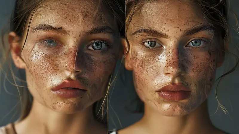 A diptych image, photorealistic, professional photography, 8K. On the left, a model's face with clearly visible, natural skin texture and subtle imperfections. On the right, the same model's face, meticulously retouched to enhance features and even skin tone, but crucially, still showing distinct, natural skin texture and pores. Cinematic lighting, sharp focus on both faces, depth of field subtly blurring backgrounds, shot on a high-end DSLR.