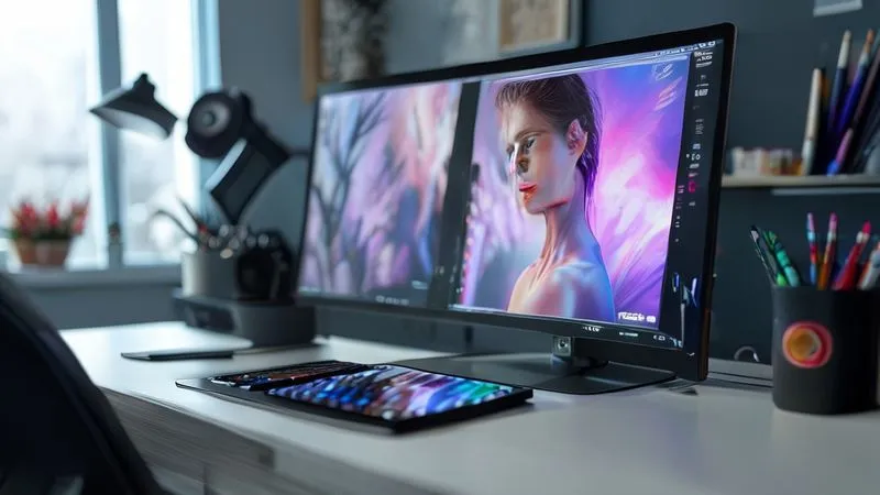 A professional photography shot of a modern, minimalist retoucher's workstation. A high-resolution monitor displays a fashion portrait with natural skin texture. A Wacom Cintiq or Intuos Pro tablet and pen are prominently placed, ready for use. Cinematic lighting, sharp focus on the tablet and screen, depth of field blurring the clean, organized background, 8K hyper-detailed, shot on a high-end DSLR.