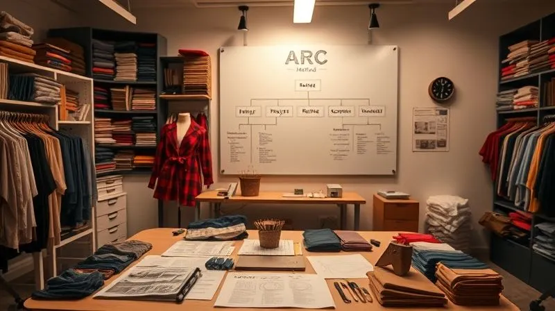 A photorealistic, professional photography, 8K, cinematic lighting, sharp focus, depth of field, shot on a high-end DSLR image of a meticulously organized costume design studio, with a central whiteboard displaying a flowchart labeled 'ARC Method'. The flowchart shows interconnected nodes for 'Analyze', 'Refine', and 'Communicate', with smaller text detailing sub-steps under each. Fabric swatches, character sketches, and psychological profiles are neatly arranged on a table in the foreground, all bathed in warm, thoughtful lighting.