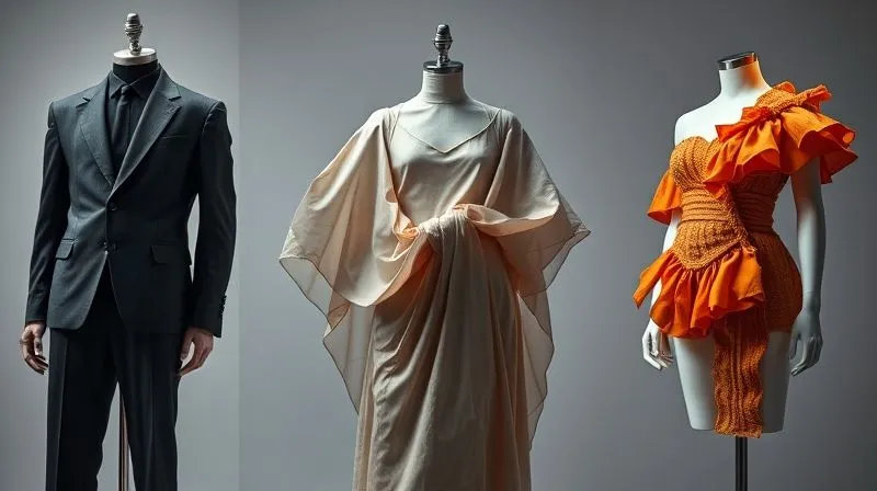 A photorealistic, professional photography, 8K, cinematic lighting, sharp focus, depth of field, shot on a high-end DSLR image showcasing three distinct costume elements side-by-side on mannequins, each embodying a different psychological state through color, texture, and silhouette. One is a rigid, dark, angular suit (constraint/power). The second is a flowing, soft, muted dress (vulnerability/fluidity). The third is a vibrant, textured, asymmetrical ensemble (transformation/expression). Dynamic, artistic lighting emphasizes the material qualities of each.