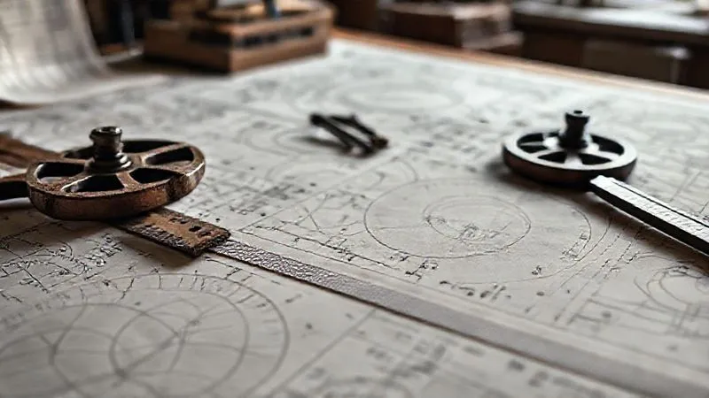 A close-up, photorealistic image of a vintage pattern maker's table, covered with intricate paper patterns, rulers, and a sharp tracing wheel. Soft, directional light illuminates the detailed lines and markings, emphasizing the complexity and precision of the craft. Professional photography, 8K, cinematic lighting, sharp focus on the patterns, depth of field blurring the background, shot on a high-end DSLR.