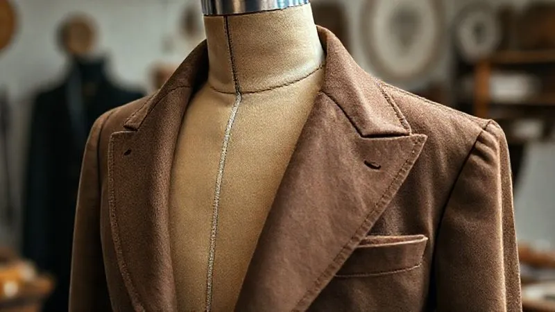 A highly detailed, photorealistic image of a vintage tailor's dummy, partially draped with a haute couture jacket in progress. The internal structure of the jacket is visible, showing meticulously hand-stitched horsehair canvas, silk organza interlinings, and pad stitching on the lapel. Cinematic lighting highlights the intricate internal construction, sharp focus on the layers, depth of field blurring the background of a classic atelier. Professional photography, 8K, shot on a high-end DSLR, conveying hidden craftsmanship.