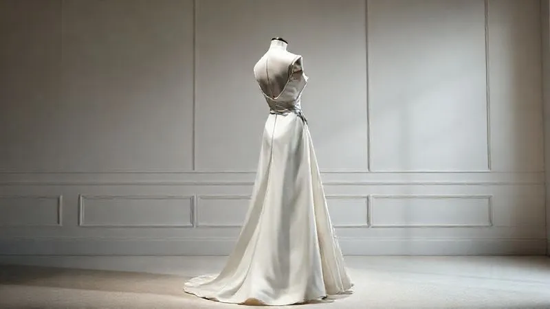 A photorealistic, elegant image of a timeless haute couture gown displayed on a classic mannequin in a softly lit, minimalist gallery setting. The gown, crafted with impeccable tailoring, exudes an aura of enduring quality and artistry. Cinematic lighting casts subtle shadows, highlighting the garment's graceful silhouette and intricate details. Professional photography, 8K, sharp focus, depth of field blurring the background, shot on a high-end DSLR, conveying a sense of legacy and enduring beauty.