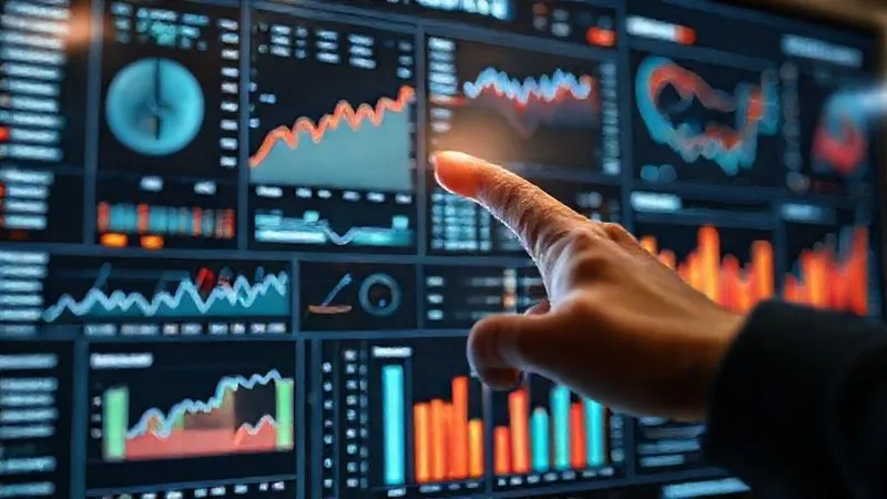 A photorealistic, professional photography, 8K, cinematic lighting, sharp focus, depth of field shot of a complex data visualization dashboard, showing various charts and graphs tracking sneaker resale prices, search trends, and social media sentiment. A focused hand is interacting with a touchscreen, highlighting key data points. The scene should be modern and analytical, representing market intelligence.