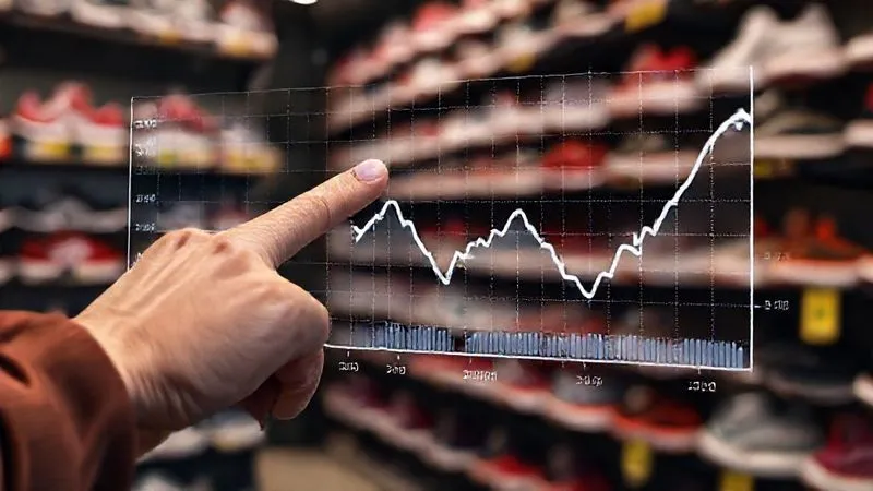 A photorealistic, professional photography, 8K, cinematic lighting, sharp focus, depth of field shot of a digital chart displaying fluctuating sneaker prices over time, with clear upward and downward trends. A hand points to a recent dip, indicating a need for dynamic pricing adjustment. The background shows blurred shelves of sneakers, emphasizing inventory management.