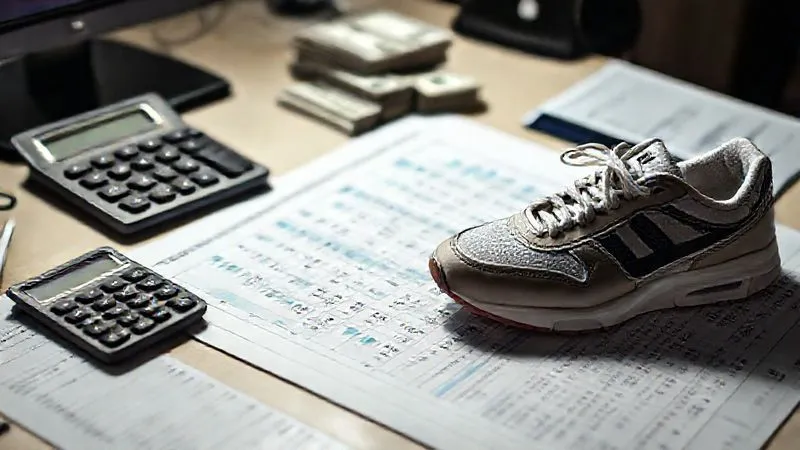 A photorealistic, professional photography, 8K, cinematic lighting, sharp focus, depth of field shot of a financial ledger or spreadsheet open on a desk, with a calculator and a few stacks of cash alongside a single, high-end sneaker. The lighting is focused on the numbers and the sneaker, symbolizing the financial calculation of inventory costs and potential losses. The atmosphere should be serious and contemplative.