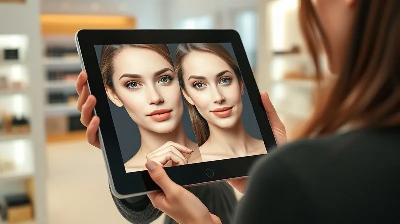 A photorealistic image of a woman interacting with a virtual try-on beauty app on a tablet, her face on screen showing different foundation shades applied digitally. The background is a clean, modern beauty store, with soft, natural light. Professional photography, 8K, cinematic lighting, sharp focus on the tablet and woman's engaged expression, depth of field, shot on a high-end DSLR.